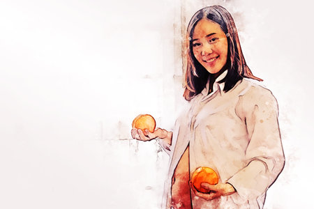 Abstract colorful young pregnant woman holding fruit and eating To nourish the womb on watercolor...