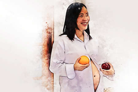 Abstract colorful young pregnant woman holding fruit and eating To nourish the womb on watercolor illustration painting background.の写真素材