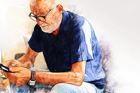 Abstract colorful Senior man sitting alone in home on watercolor illustration painting background.の写真素材