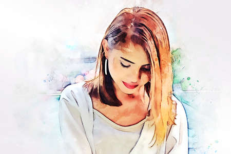 Abstract happiness young woman smile portrait watercolor illustration painting background.の写真素材