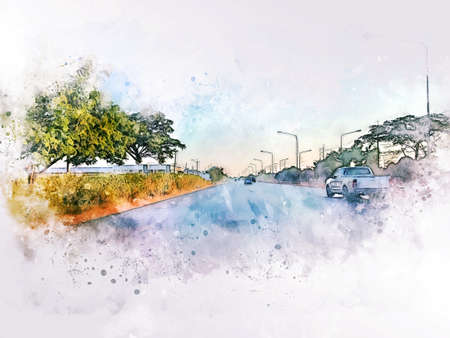Abstract colorful tree and field landscape on watercolor illustration painting background.の写真素材