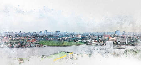 Abstract Building on watercolor painting background. City on Digital illustration brush to art.の写真素材