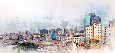 Abstract Building on watercolor painting background. City on Digital illustration brush to art.の写真素材