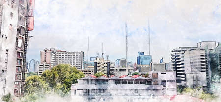 Abstract Building on watercolor painting background. City on Digital illustration brush to art.の写真素材