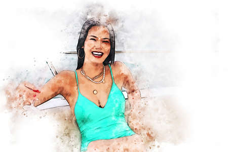 Abstract colorful beautiful Asia woman sexy and smile portrait on beach and soft sunrise on watercolor illustration painting background.の写真素材