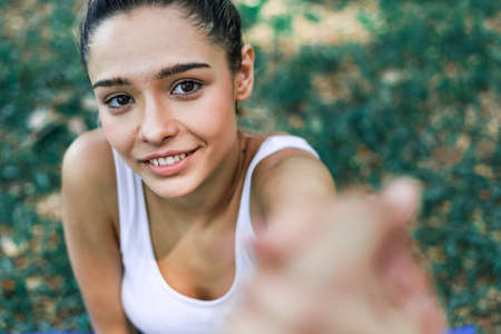 Happiness woman yoga sport exercise at garden.の写真素材