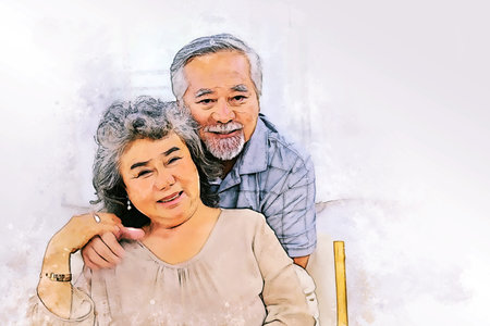 Abstract colorful happiness Asia senior couple lover relaxation and resting at home on watercolor...