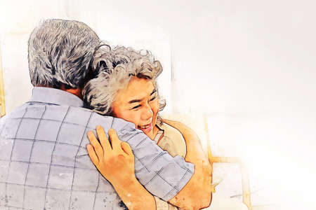 Abstract colorful happiness Asia senior couple lover relaxation and resting at home on watercolor illustration painting background.の写真素材