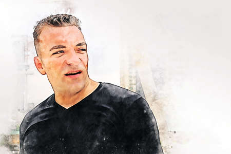 Abstract colorful happiness sport man smile portrait on watercolor illustration painting background.の写真素材