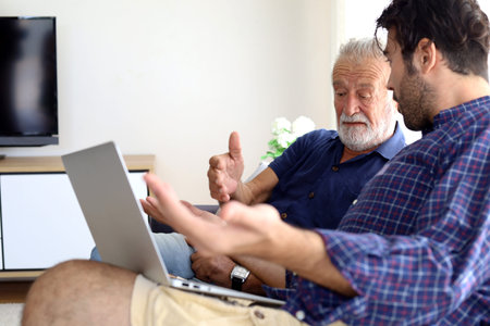 Father and son talking and sharing discussion lifestyle for domestic life at home.