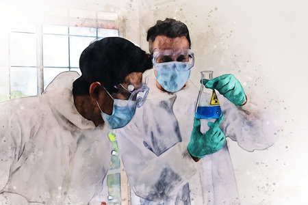 Abstract colorful young men scientist testing and checking in lab room on watercolor illustration painting background.の写真素材