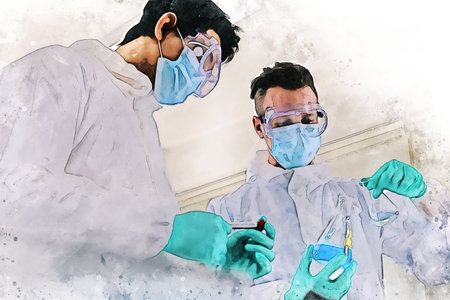 Abstract colorful young men scientist testing and checking in lab room on watercolor illustration painting background.の写真素材