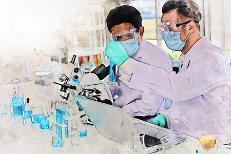Abstract colorful young men scientist testing and checking in lab room on watercolor illustration painting background.の写真素材