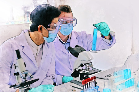 Abstract colorful young men scientist testing and checking in lab room on watercolor illustration painting background.の写真素材
