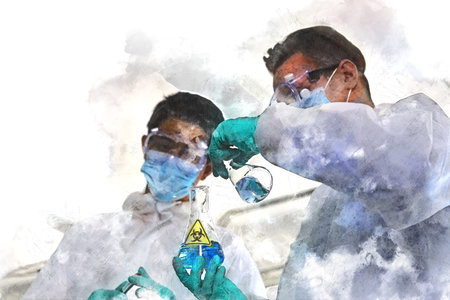 Abstract colorful young men scientist testing and checking in lab room on watercolor illustration painting background.の写真素材