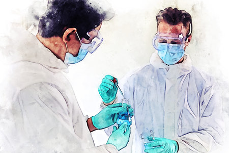 Abstract colorful young men scientist testing and checking in lab room on watercolor illustration...