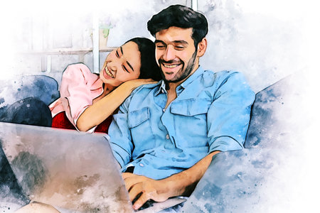 Abstract happiness young couple relaxation and working from home on watercolor illustration painting background.の写真素材