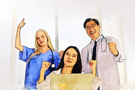 Abstract colorful happiness teamwork doctor in hospital on watercolor illustration painting background.の写真素材