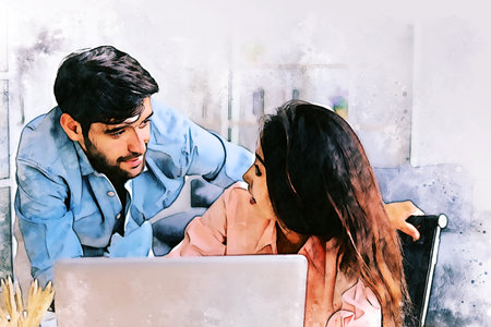 Abstract happiness young couple relaxation and working from home on watercolor illustration painting background.の写真素材