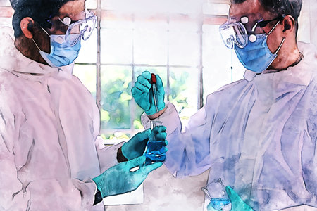 Abstract colorful young men scientist testing and checking in lab room on watercolor illustration painting background.の写真素材