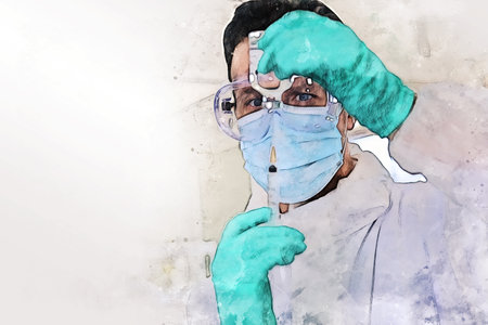 Abstract young men scientist testing corona virus vaccine and checking in lab room on watercolor illustration painting background.の写真素材