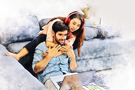 Abstract happiness young couple relaxation and working from home on watercolor illustration painting background.の写真素材