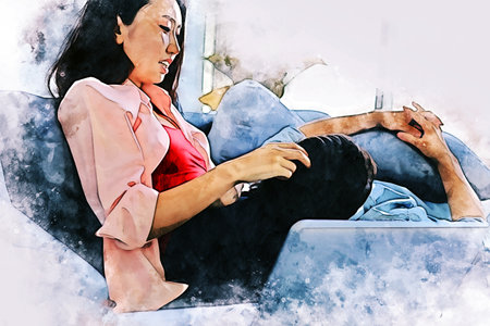 Abstract happiness young couple relaxation and working from home on watercolor illustration painting background.の写真素材