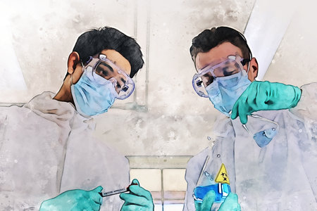 Abstract colorful young men scientist testing and checking in lab room on watercolor illustration painting background.の写真素材