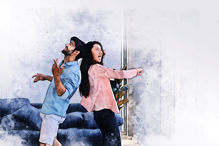 Abstract happiness young couple relaxation and working from home on watercolor illustration painting background.の写真素材