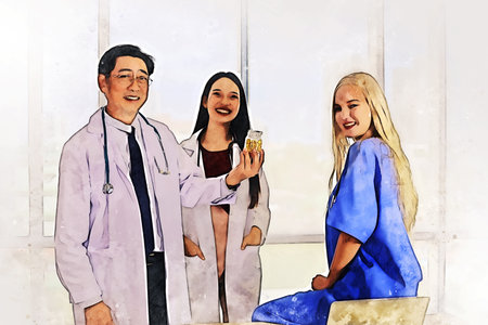 Abstract colorful happiness teamwork doctor in hospital on watercolor illustration painting background.の写真素材