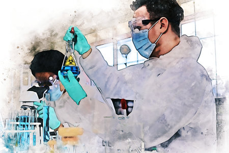 Abstract colorful young men scientist testing and checking in lab room on watercolor illustration painting background.の写真素材