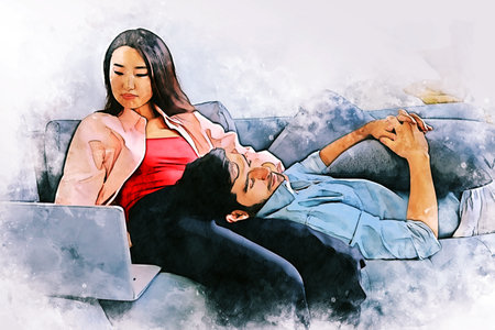 Abstract happiness young couple relaxation and working from home on watercolor illustration painting background.の写真素材