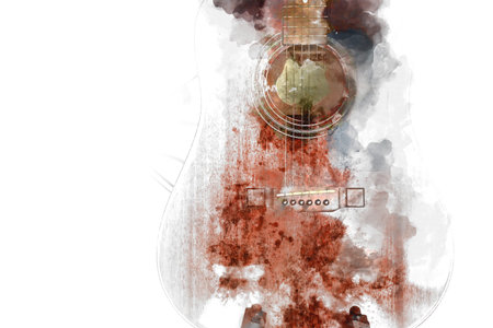 Abstract colorful acoustic guitar in the foreground on Watercolor painting background and Digital illustration brush to art.の写真素材
