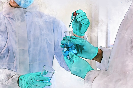 Abstract colorful young men scientist testing and checking in lab room on watercolor illustration painting background.の写真素材