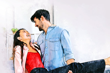 Abstract happiness young couple relaxation and working from home on watercolor illustration painting background.の写真素材