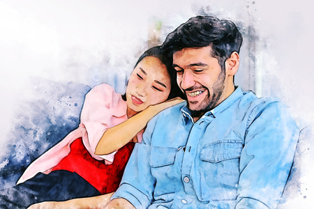 Abstract happiness young couple relaxation and working from home on watercolor illustration painting background.の写真素材