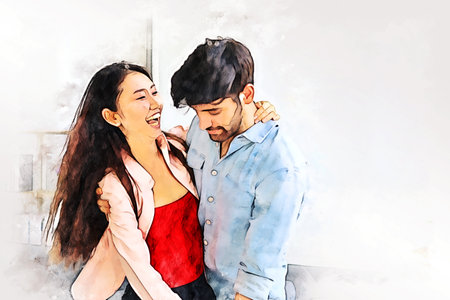 Abstract happiness young couple relaxation and working from home on watercolor illustration painting background.の写真素材