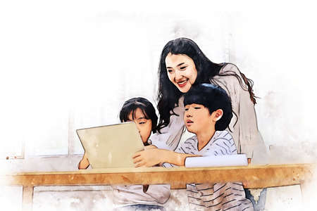 Abstract colorful kid girl reading tablet smart on bedroom on watercolor illustration painting background.の写真素材