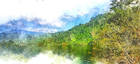 Abstract colorful shape on mountain peak and tree landscape on watercolor illustration painting background.の写真素材