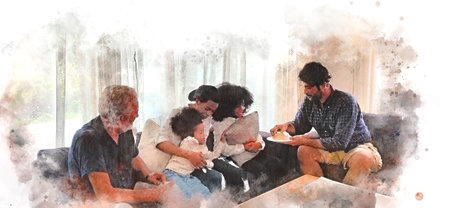 Abstract colorful Happiness family time in new year holiday weekend on watercolor illustration painting background.の写真素材