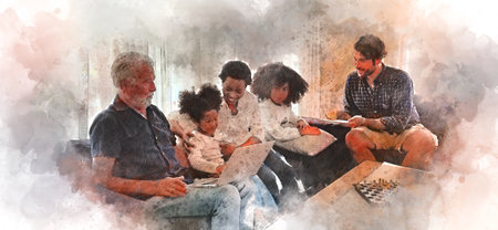Abstract colorful Happiness family time in new year holiday weekend on watercolor illustration painting background.の写真素材