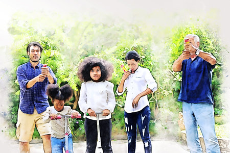 Abstract colorful Happiness family time in new year holiday weekend on watercolor illustration...