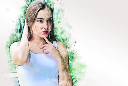 Abstract colorful beautiful girl traveling on watercolor illustration painting background.の写真素材