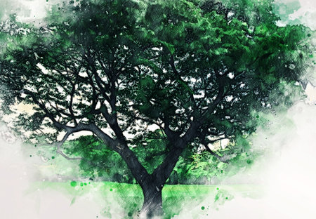 Abstract colorful shape on tree and field landscape watercolor illustration painting background.の写真素材