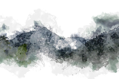 Abstract colorful mountain peak and tree landscape in Thailand on watercolor illustration painting background.の写真素材