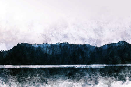 Abstract colorful mountain peak and tree landscape in Thailand on watercolor illustration painting background.の写真素材