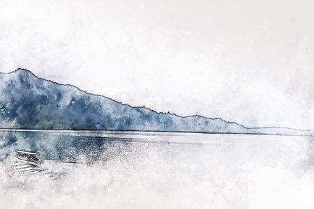 Abstract colorful mountain peak and tree landscape in Thailand on watercolor illustration painting background.の写真素材