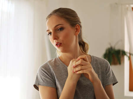 Young woman smile portrait for stay at home.の写真素材