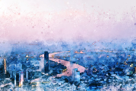 Abstract Building in capital at night on watercolor painting background. and City on Digital...