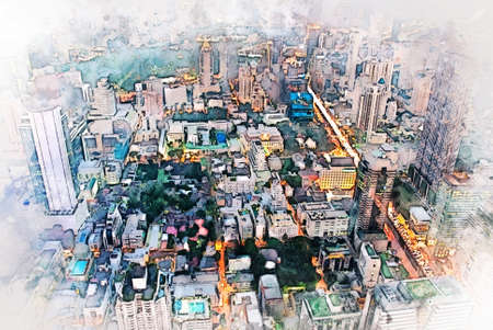 Abstract Building in capital at night on watercolor painting background. and City on Digital illustration brush to art.の写真素材